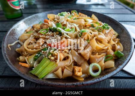 Porzione di tagliatelle fritte in padella con pollo grattugiato e cipollotti nel distretto di Kallio di Helsinki, Finlandia Foto Stock