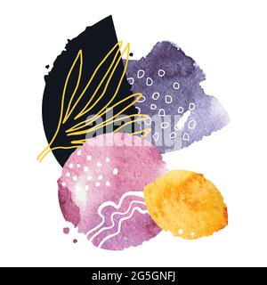 Arte astratta con macchie acquerello e foglie tropicali disegnate a mano. Opere d'arte creative minimaliste per la decorazione di pareti, cartoline o brochure c Illustrazione Vettoriale