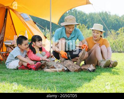 Felice famiglia di quattro campeggi all'aperto alta qualità foto Foto Stock