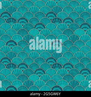 Acquerello mare conchiglia giapponese onde modello senza giunture. Fondale disegnato a mano texture vintage oceano sfondo. Illustrazione marina acquerello. Stampa per Foto Stock