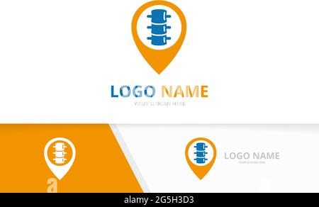 Combinazione di logo della colonna vettoriale e del puntatore della mappa. Modello di progettazione del logotipo della colonna vertebrale e del localizzatore gps. Illustrazione Vettoriale