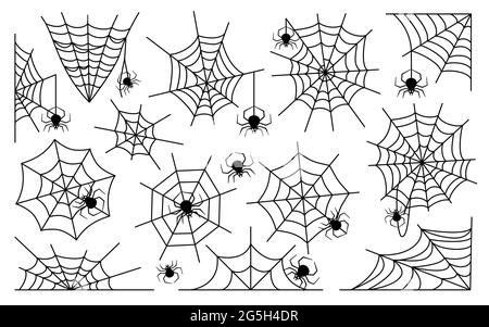 Molte reti di ragno differenti con molti ragni neri impostati. Forme simmetriche e irregolari. Horror e paura art. Adesivi ed etichette. Piatto vettoriale. Condizione realistica ed astratta. Horror halloween decor. Illustrazione Vettoriale