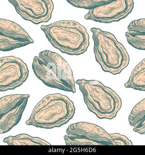 Vintage motivo senza giunture con conchiglie di ostriche in disegno d'incisione stile disegnato a mano Stampa con elementi di cozze Illustrazione Vettoriale