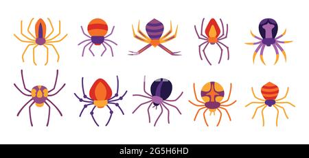 Set di cartoni animati Spider Halloween. Ragni spaventosi pericolosi tarantula colore raccolta piatta. Decorazione creepy per il design horror. Festa Halloween ragno velenoso o pericoloso arachnid. Vettore Illustrazione Vettoriale