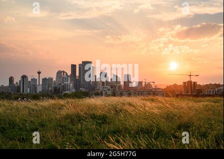 Il sole dorato tramonta su Calgary, Alberta, Canada, in una calda giornata estiva. Foto Stock