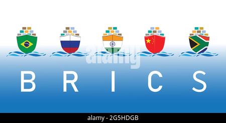 BRICS - Associazione di 5 paesi: Brasile, Russia, India, Cina e Sud Africa. Concetto trasporto merci con bandiere di paese . Vettore Illustrazione Vettoriale