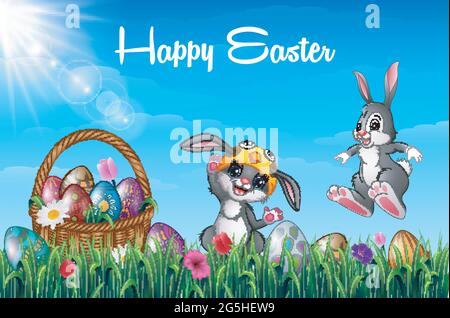 Cartone animato due coniglietti felici con cesto di Pasqua pieno di uova di Pasqua decorate in un campo d'erba Illustrazione Vettoriale