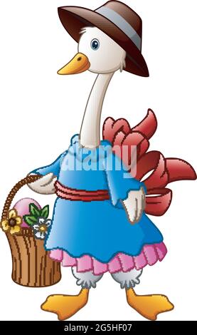 Cartone animato bianco Goose indossando un cappello con cesto e uovo di pasqua Illustrazione Vettoriale