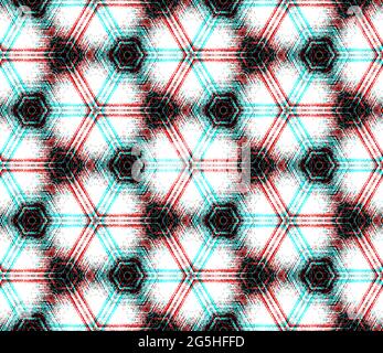 Art sfondo texture glitch astratto con effetto caleidoscopio. Motivo esagonale senza cuciture nei colori ciano, rosso, nero e bianco, elemento di design per poster, carta da parati, imballaggio, carta da imballaggio, copertina. Illustrazione Vettoriale