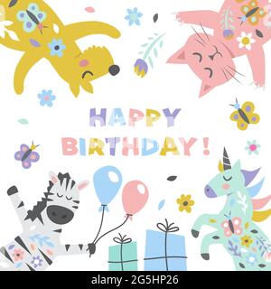 Buon compleanno Cuta illustrazione per biglietto di auguri e poster Illustrazione Vettoriale