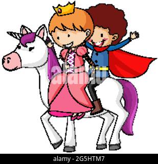 Semplice personaggio cartoon di principe e principessa a cavallo di un unicorno illustrazione isolata Illustrazione Vettoriale