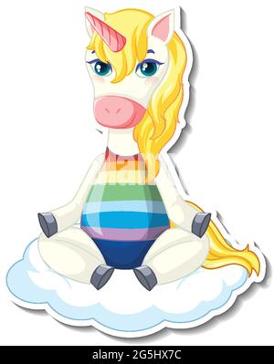 Graziosi adesivi unicorno con un unicorno seduto sull'illustrazione nuvola Illustrazione Vettoriale
