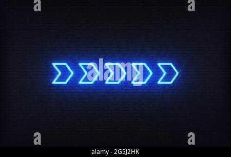 Segno freccia al neon. Set di frecce blu al neon sullo sfondo della parete in mattoni Illustrazione Vettoriale