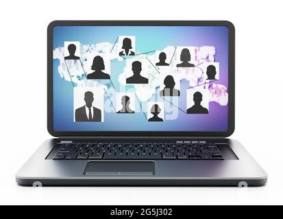 Le figure delle persone all'interno delle forme delle scatole connesse sullo schermo del notebook con mappa del mondo. Illustrazione 3D. Foto Stock