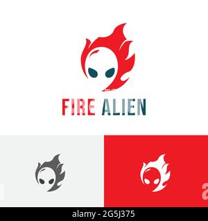 Logo del gioco Fire Flame Alien Head Space Technology Illustrazione Vettoriale