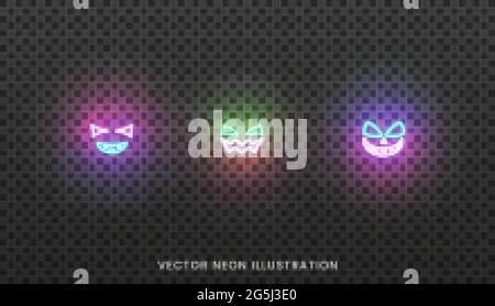 Halloween faccia icone al neon. Set di espreshions facciali luminosi per Halloween Illustrazione Vettoriale