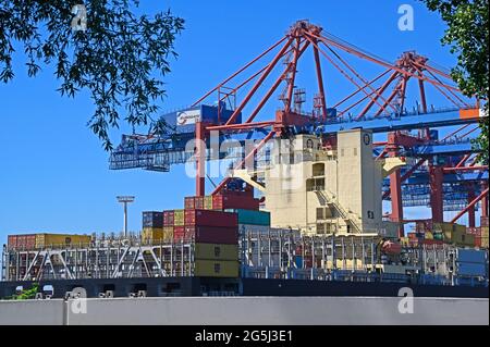 amburgo, germania - 2018-06-14: containership msc antigua (n. imo 619476) presso il terminal dei container eurogate waltershof -- [credit: joachim affeldt Foto Stock