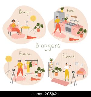 Set di blogger e vloggers che fanno contenuti Internet. Popoli che creano video per il loro canale del blog. Influencer che sparano vlog. Vettore Illustrazione Vettoriale