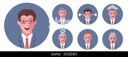 Set di avatar maschi su sfondo rotondo. Emozioni facciali del carattere emoji dell'uomo con espressioni diverse. Illustrazione vettoriale a disegno piatto Illustrazione Vettoriale