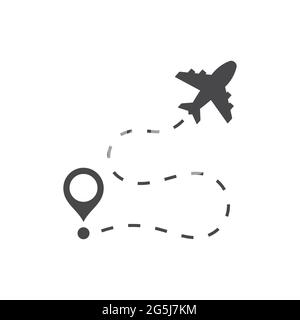 Icona vettoriale nera dell'aereo e della posizione. Simbolo del percorso di volo. Illustrazione Vettoriale