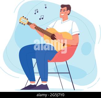 Felice giovane seduto in poltrona e suonando la chitarra. Hobby e weekend rilassante a casa vettoriale illustrazione in stile piatto. Lezioni acustiche. Gioioso ragazzo che tiene strumento musicista e canto. Illustrazione Vettoriale