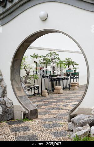 Arco orientale con pavimentazione in mosaico di ciottoli, esposizione bonsai sui tavoli Foto Stock