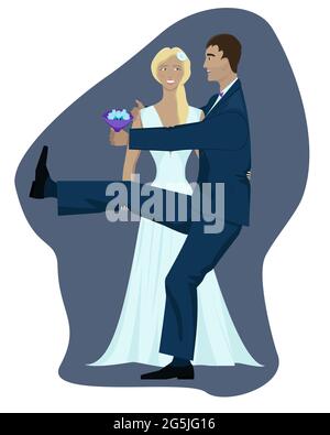 immagine isolata di sposa e di sposo su sfondo viola e bianco. Gli sposi novelli stanno divertendosi e scherzando, la sposa vuole prendere lo sposo tra le braccia Illustrazione Vettoriale