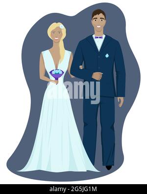immagine isolata di sposa e di sposo su sfondo viola e bianco Illustrazione Vettoriale