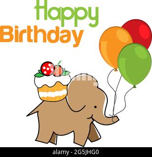 Buon compleanno vettore design con elefante portare torta e palloncini. Illustrazione Vettoriale