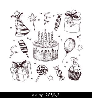 Set di elementi per la celebrazione del compleanno disegnati a mano isolati su bianco. Illustrazione vettoriale nello stile di schizzo Illustrazione Vettoriale