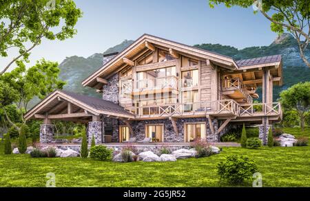 rendering 3d di chalet moderno e accogliente con piscina e parcheggio in vendita o in affitto. Colonne di travi in legno massiccio. Belle montagne forestali sullo sfondo. Cl Foto Stock