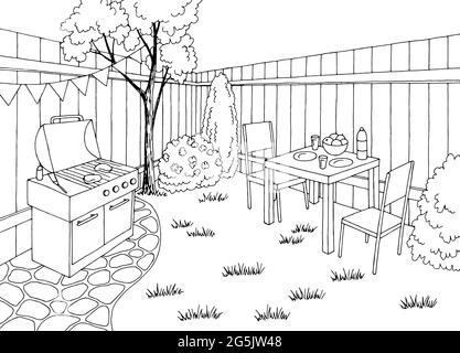Cortile bbq Garden party grafico nero bianco disegno vettore illustrazione schizzo Illustrazione Vettoriale
