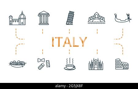 Set di icone Italia. Contiene icone modificabili tema italia come pisa, gondola, cappuccino e altro ancora Illustrazione Vettoriale