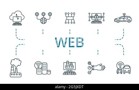 Set di icone Web. Contiene icone modificabili tema come sistemi informatici, auto autonoma, industria 4.0 e altro ancora. Illustrazione Vettoriale