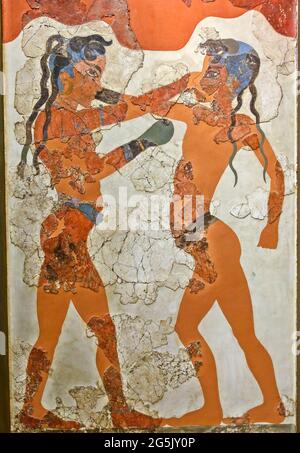 Il Boxer fresco Akrotiri, ottimo esempio di pittura minoica, trovato nello scavo Akrotiri (Santorini), raffigurante due ragazzi con guanti da boxe.