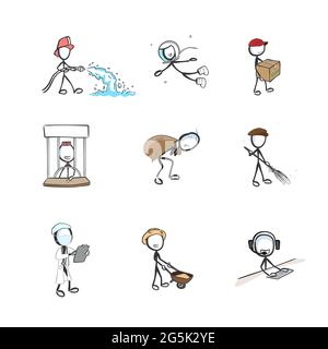 Professione stabilita vigili del fuoco, consegna, servizio di cliente, medico, coltivatore, cassiere. Vettore semplice. Stickman nessun fumetto di clipart del viso. Disegnato a mano. Doodle Illustrazione Vettoriale