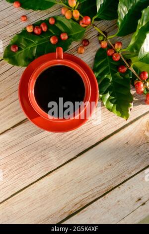 Tazza di caffè rossa con foglie e semi di caffè su tavolo di legno. Vista dall'alto. Foto Stock