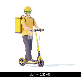 Corriere per la consegna di scooter elettrici con zaino. Corriere deliveryman guida scooter elettrico con borsa termica. Uomo che consegna cibo o pacchi. Foto Stock