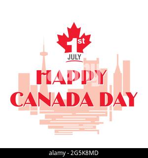 Celebrazione della giornata felice del Canada sullo sfondo della città del Canada. Scritta di 1 sulla foglia d'acero. Illustrazione Vettoriale
