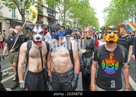 I masochisti del Sado con le maschere del cane di cuoio posano per una foto durante la marcia del Pride gay a Parigi. Migliaia di membri LGBT e i loro sostenitori hanno partecipato alla marcia gay Pride a Parigi per celebrare il mese dell'orgoglio. (Foto di Gregory Herpe / SOPA Images/Sipa USA) Foto Stock