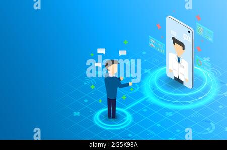 Isometric telemedical on-line consultare con doctor.Future concetto. Vettore e illustrazione Illustrazione Vettoriale