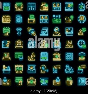 Set di icone di Bank Teller. Contorno insieme di icone vettoriali di bancomat colore neon su nero Illustrazione Vettoriale