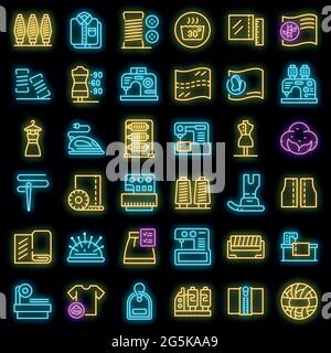 Set di icone per la produzione tessile. Contorno insieme di icone vettoriali di produzione tessile colore neon su nero Illustrazione Vettoriale