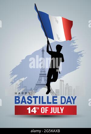 Buon giorno della bastiglia. Illustrazione vettoriale dell'uomo francese con bandiera. Poster, banner, disegno di modello Illustrazione Vettoriale