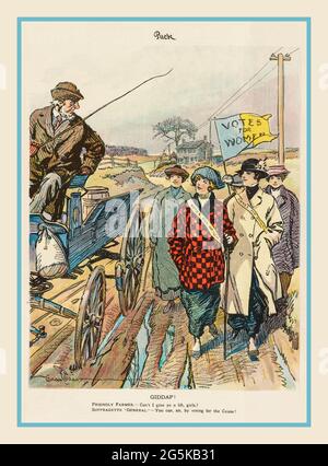 SUFFRAGETTE. «GIDDAP!» Illustrazioni Suffragettes di Gordon Grant. L'illustrazione mostra cinque giovani donne dal titolo "Vota per le donne" che camminano lungo una strada sterrata, una porta con sé uno striscione che recita "Vota per le donne”; un agricoltore anziano ferma il suo carro per chiedere se può offrirle un passaggio. Grant, Gordon, 1875-1962, artista New York : pubblicato da Puck Publishing Corporation, 295-309 Lafayette Street, 1914 marzo 14. STATI UNITI Foto Stock