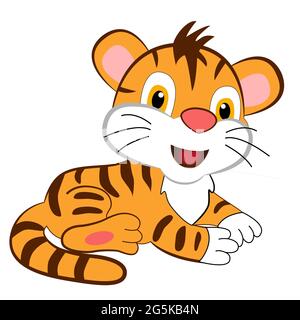 Cute e cartoon tigre cub sorridente su uno sfondo bianco. Illustrazione Vettoriale