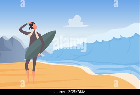 Persone surfing, viaggio avventura vacanza estrema sulla costa oceanica vettore illustrazione. Cartoon giovane uomo surfer in muta in piedi sulla spiaggia, ragazzo personaggio che tiene tavola da surf, pronto a surf sfondo Illustrazione Vettoriale