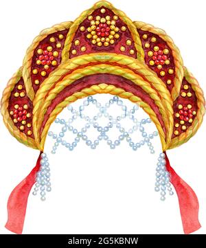 Acquerello Illustrazione nazionale russo headdress kokoshnik con ornamento d'oro e perle su sfondo bianco Foto Stock