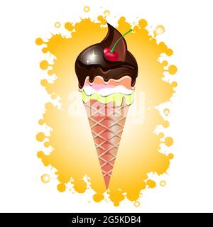 Gelato in un cono con una ciliegia. Illustrazione vettoriale. Illustrazione Vettoriale