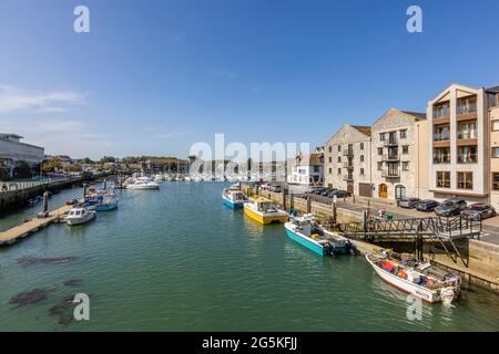 Weymouth, una cittadina balneare e popolare località turistica sull'estuario del fiume Wey a Dorset, costa meridionale dell'Inghilterra Foto Stock